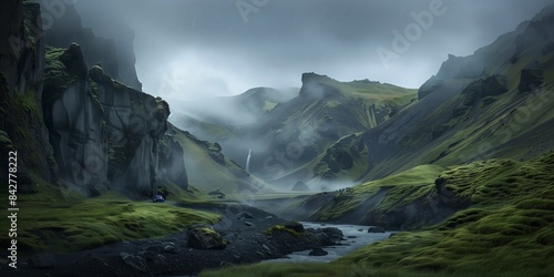 Landscape photography of Icelandic green grassland with dark gray mountains and misty clouds for nature enthusiasts