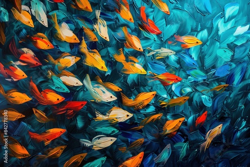Vibrant tropical fish schooling in the deep blue ocean