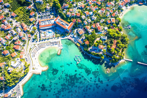 Town of Rab turquoise beaches aerial view