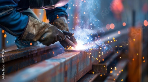 A closeup of a welder carefully joining two steel beams adding structural support to a highrise under construction.