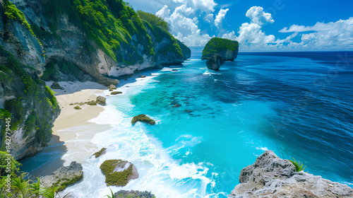 A breathtaking view of the beautiful Nrowned beach in Bali, featuring turquoise waters and lush green cliffs, offering an enchanting backdrop for adventure activities like scuba diving or reef hunting