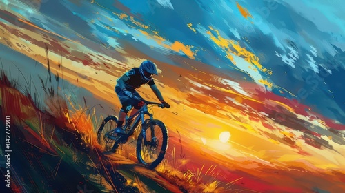 adventurous mountain biker racing downhill at sunset embodying an active and thrilling lifestyle digital painting