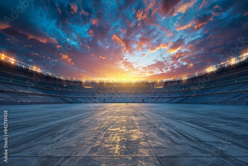 3D rendering of a vacant stadium during evening, focus on, modern theme, dynamic, composite, nightfall backdrop