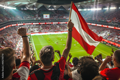 Fans waving the flag of Austria at a football match, with the stadium crowd in the background