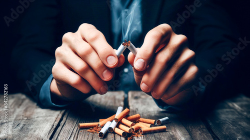 A man's hands breaking a cigarette, close-up, symbolizes smoking cessation, promoting the concept of combating tobacco smoking