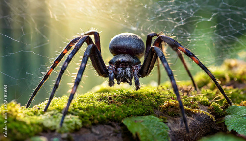 Black widow spider in a mossy background, illustration.