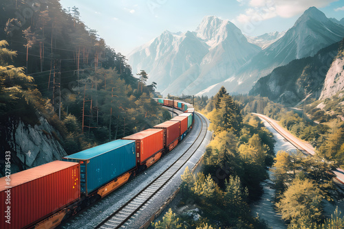 Container train moving through a mountain pass, representing efficient and reliable rail freight services in challenging terrains 