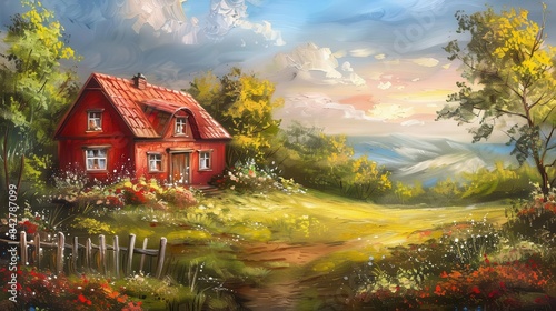 charming red cottage in idyllic village setting peaceful rural landscape painting