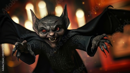 Sinister vampire bat humanoid with glowing red eyes in a dark, eerie environment. Concept of horror, fantasy creature, Halloween, dark magic. Halloween