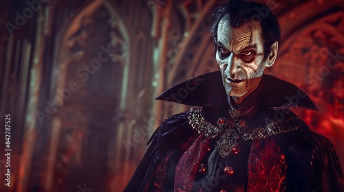 Gothic vampire character with sinister expression in dark castle setting, fantasy genre, horror elements, male. Halloween