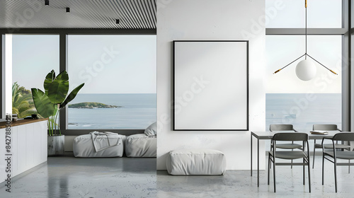 portrait white blank black framed canvas mockup in beach house