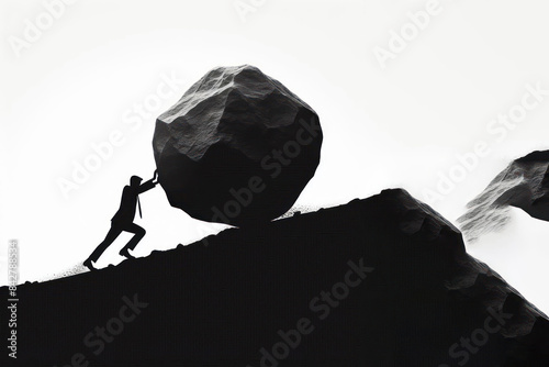 Silhouette of businessman pushing huge stone boulder up on hill Isolated on white background