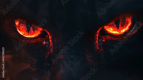 Close-up of werewolf eyes glowing red in the dark. Intense, menacing gaze with vivid red irises. Concept of Halloween, horror, supernatural, dark fantasy