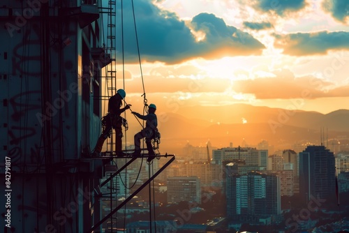 Construction Workers Silhouetted Against Sunset Skyline on Urban Scaffolding