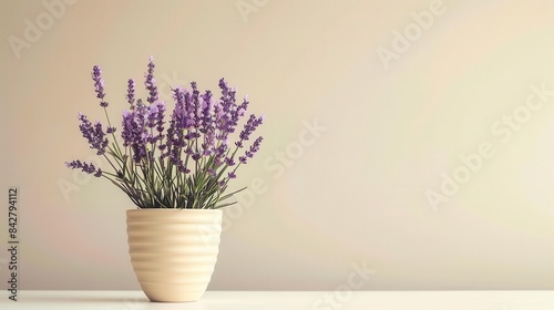 delicate lavender flowers in cream ceramic pot minimalist still life photography