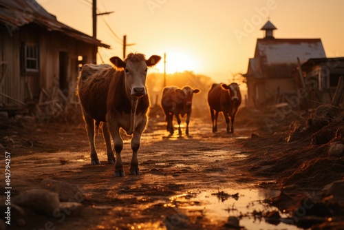 Cows that graze in the farm courtyard at sunset. cattle eating and walking outdoor, generative IA