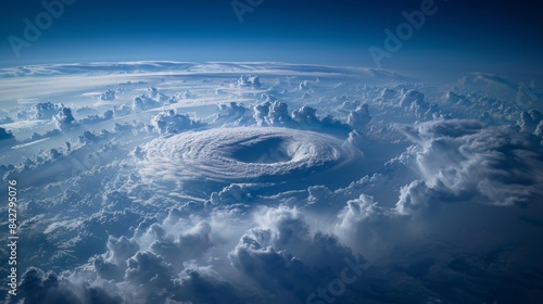 The intense winds of a hurricane causing clouds to spiral around a still and serene center.