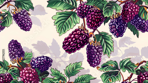 Vintage illustration of an entire blackberry bush, with purple berries and green leaves hanging from the branches, creating a seamless pattern on a cream background. 