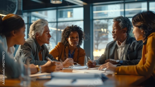 A group of diverse individuals are gathered around a table in a modern office setting. They are focused on financial documents, discussing important topics related to insurance and retirement planning