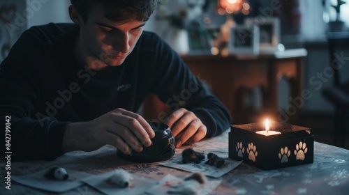 Stock Art depicts a young man mourning the loss of a pet while looking at an urn filled with ashes.