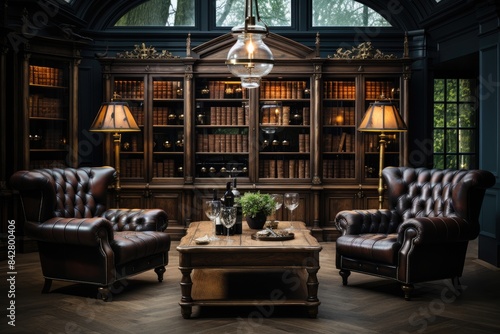 Luxurious cellar Noble wood, elegant furniture, gold details., generative IA
