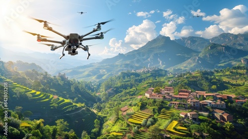Futuristic agriculture panoramic vista of drone pollinators and automated farming in progress