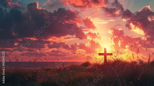 A cross on the shore against a sunset background. Stock image