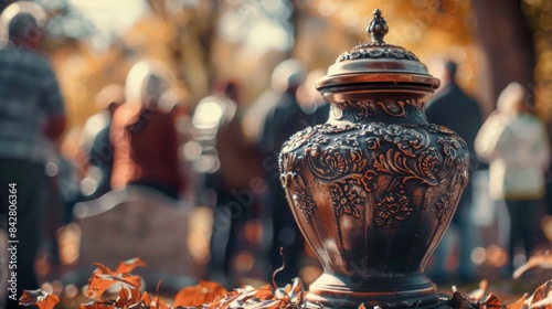 An urn with ashes at the cemetery. A farewell ceremony for friends and family. Stock images.