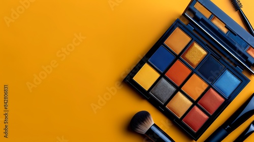 Palette of bright eye shadows with makeup brushes on the background. Concept: advertising cosmetic products, creating bright makeup, makeup palette, professional makeup artist tools.