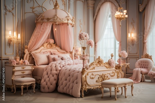 Princess baby room, elegant furniture, soft tones., generative IA