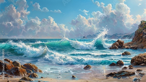 Ocean waves crashing against rocky shores, dynamic and tranquil coastal scene