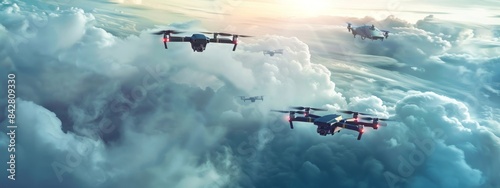 High-altitude drones racing in the sea of ​​clouds, agile maneuvers, high-speed competition, aerial detection, research and exploration, high technology, 4k high-definition wallpapers, backgrounds, ge
