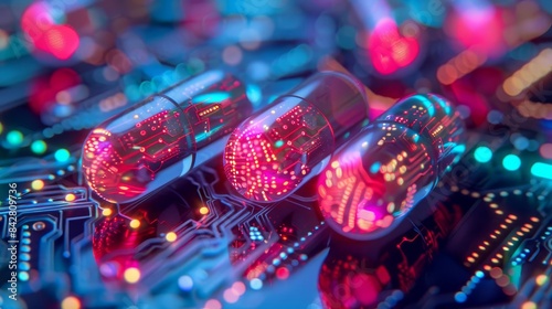 glowing pills with electronic circuits innovative biotechnology and nanotechnology concept