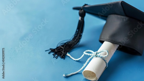 graduation celebration mortar hat and diploma on blue banner with copy space achievement concept