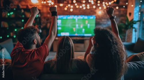 A group of fans enjoying a soccer match on a couch, captivated by the television, football TV experiencing the fun and entertainment of the world favorite sport. AIG41