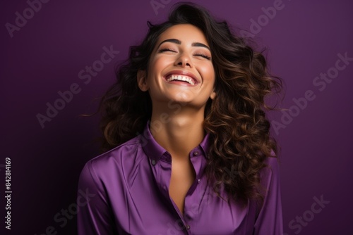 Satisfied with closed eyes, a beautiful young woman wearing a tall brown collar sw, generative IA