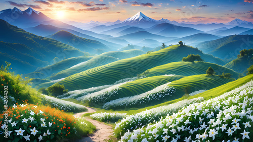 The jasmine flower field on top of the mountain looks beautiful and natural, the natural beauty of the scenery, mountain valleys and rivers, Generative AI