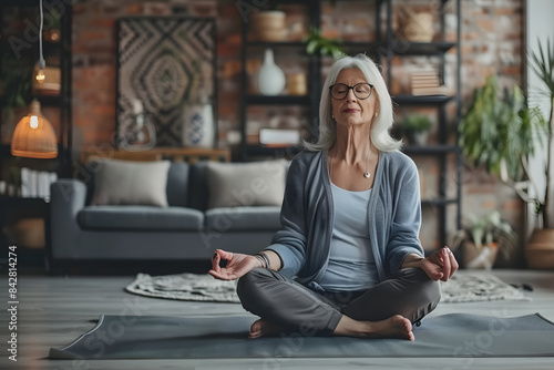 Senior woman meditating on the mat at home