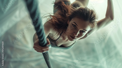 A close-up photo of a woman executing a dynamic spin move on a pole, taken from a low angle. Her focus is intense, demonstrating the strength and artistry of pole dancing