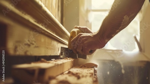 In a dusty room a carpenter uses a saw to trim down a piece of wood to fit as part of the crown molding.