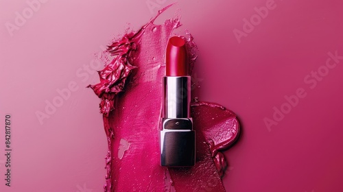 Indulge in glamour: Red lipstick shines on a pretty pink backdrop, elevating your beauty game with its bold and vibrant hue