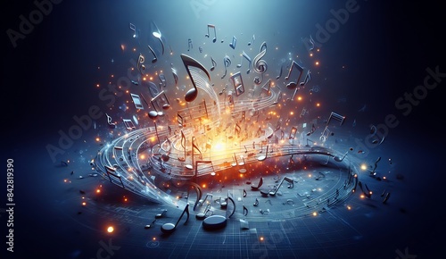 Virtual Melody series. Music notes, fractal elements and lights background on subject of entertainment and education.