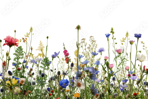 Vibrant wildflowers are blooming on transparent backdrop. Beautiful natural background with colorful flowers