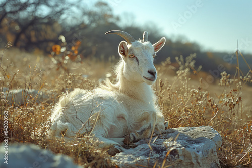 Aesthetic shot of a goat with under-eye patches, lying in a field of grass,