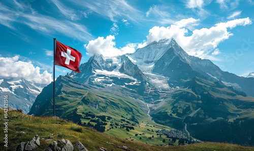 Design a flag featuring Switzerland's picturesque mountains, realistic photo