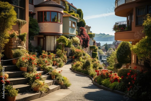 Lombard Street in San Francisco dazzling urban sinuosity., generative IA