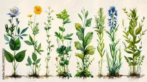 A botanical illustration showcasing the different stages of a plant's growth.