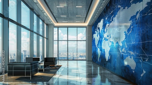 A wide shot of a modern office interior featuring a large world map displayed on a high-tech wall. The office has a city view and sleek furniture