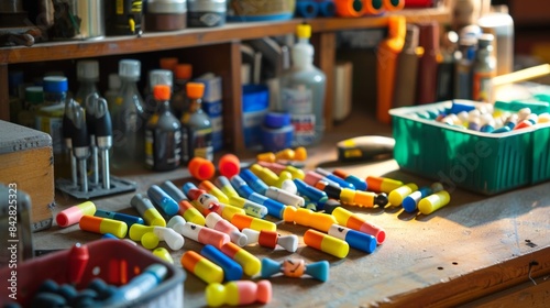 A collection of brightlycolored ear plugs neatly organized on a workbench ready to be used at the noisy construction site.