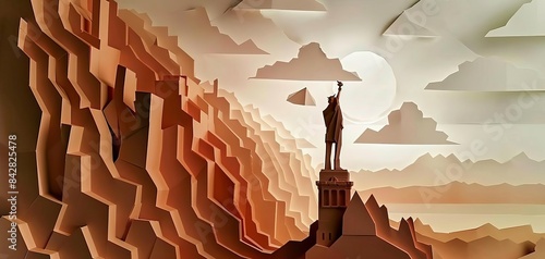 3D origami Statue of Liberty, vintage style, sepia tones, finely detailed folds, nostalgic feel